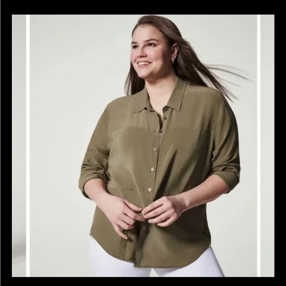 Spanx Low Maintenance Silk Button Down Top Medium Sage Green - Picture 2 of 9